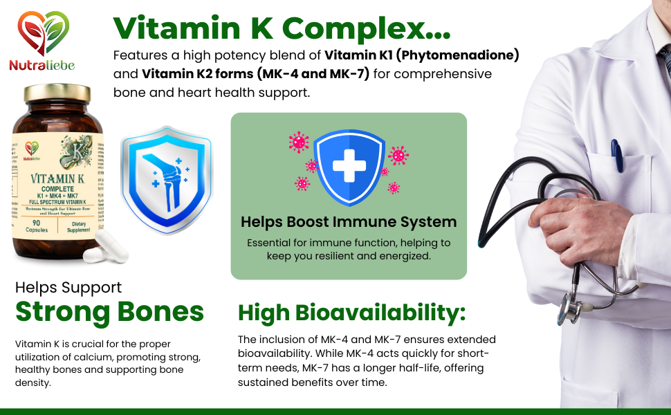 Vitamin K Complex - High Potency, Includes Vitamin K1 (Phytomenadione) & Vitamin K2 (MK-4, MK-7), Non-GMO, 90 Capsules