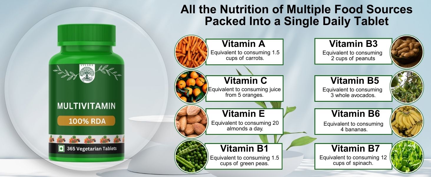 Sylara Plant Based Multivitamin -365 Capsules with Vit A, B1, B2, B3, B4, B5, B7, B6, B9 ,B12, C, D, E, K2 for Men & Women - Supports Immunity, Superfood Detox Boosts Energy - Greens, Herbs, Fruits & Vegetables Tablets Supplements