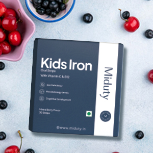 Miduty Kids Iron Strips - Iron, Vitamin C & Vitamin B12 - Supports Growth, Immunity & Hemoglobin Production - Sugar-Free - Natural Mixed Berry Flavor - 30 Strips