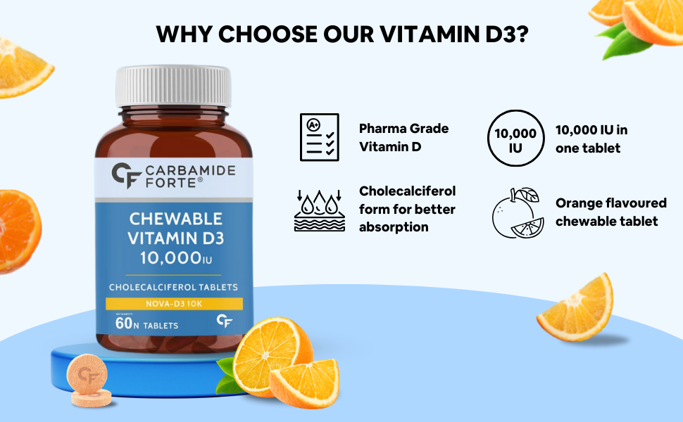 Carbamide Forte Vitamin D3 Tablets 10000 IU | Vitamin D Supplements For Women & Men - Cholecalciferol | Vitamin D Tablets For Bones & Immune Health | Raspberry Flavoured - 60 Tablets