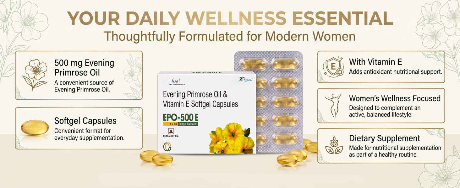 Knoll Healthcare EPO-500E Evening Primrose Oil 500 mg with Vitamin E Softgel Capsules | Supports Women’s Wellness, Skin Health & Antioxidant Support | Dietary Supplement (3x10 Capsules)