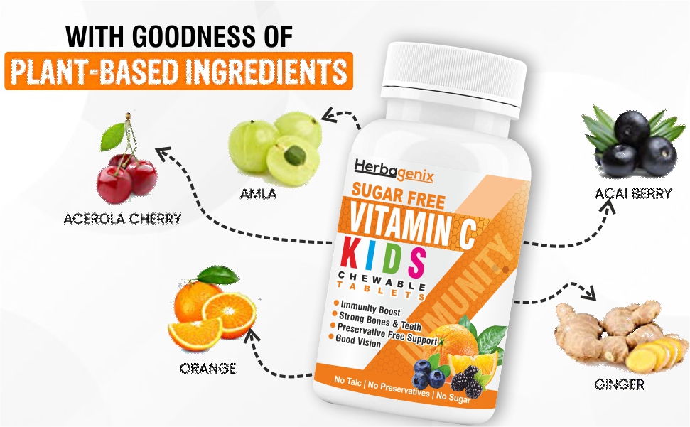 Vitamin C Tablet For Kids With Amla, Bioflavonoids, Acai Berries, Ginger Powder & Zinc Supplements, Immunity Booster, Growth, Strong Bones, Teeth, Non Sticky Chewable Tablets – 60