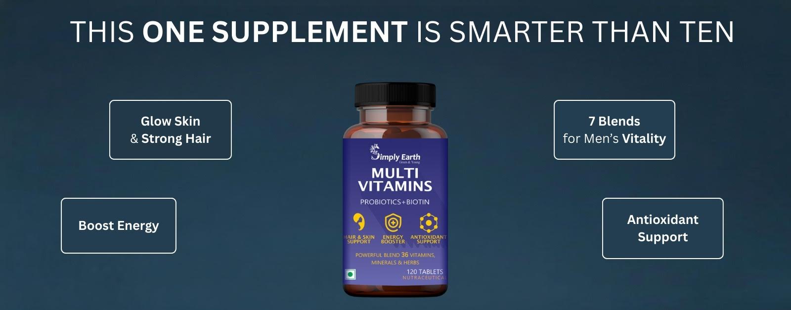 Simply Earth Multivitamin For Men & Women (120 Tablets) With 7 Vital Blends and 36 Nutrients - Probiotics Vitamin C, Zinc & Biotin