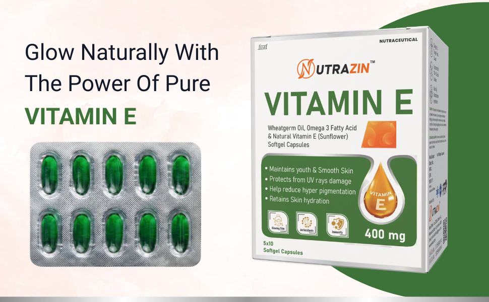 Vitamin E 400 mg Capsules with Wheatgerm Oil & Omega 3 | Vitamin E Capsules for Face and Hair | Antioxidant Support | 50 Softgels