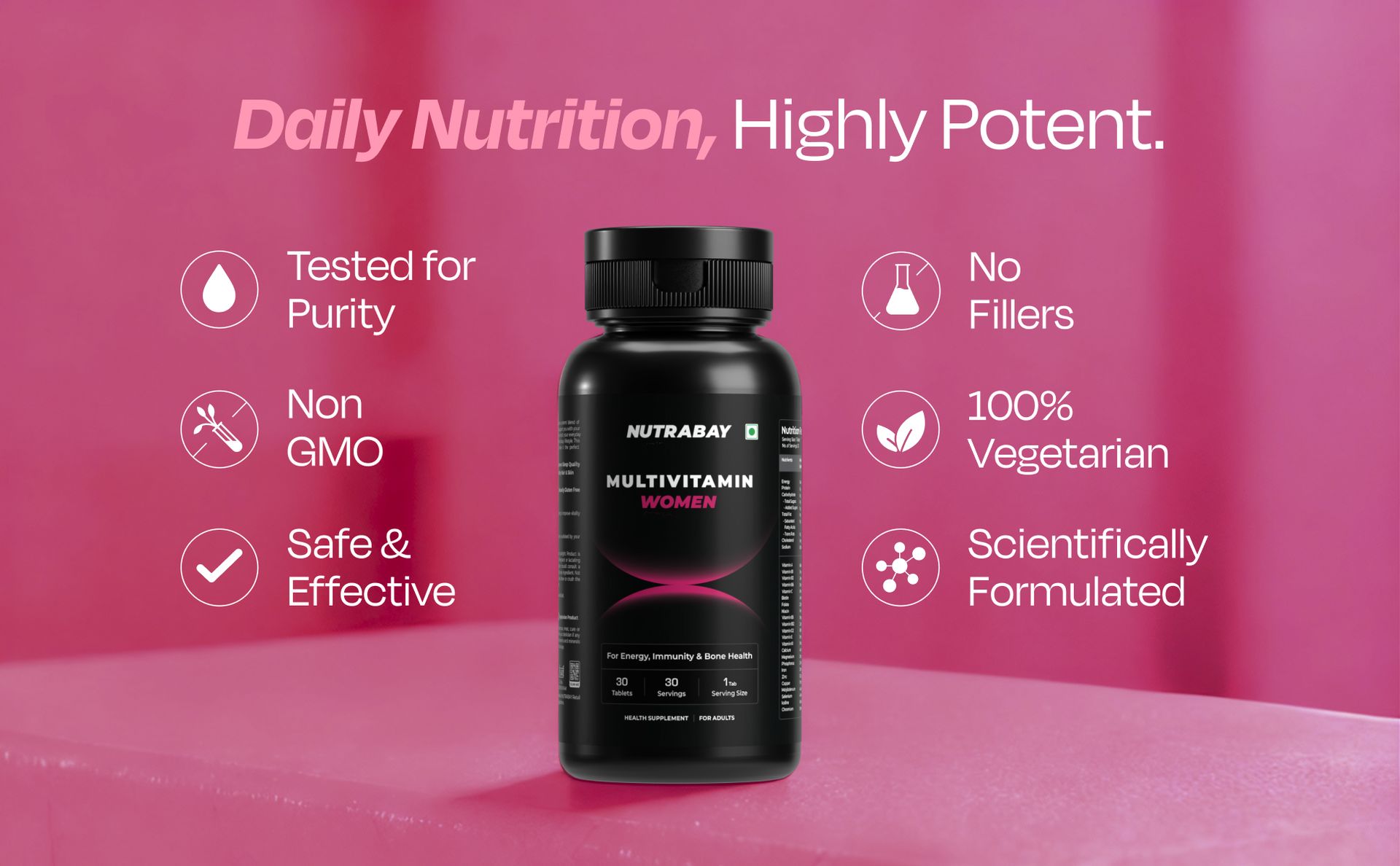 Nutrabay Pro Active Multivitamin for Women – Effective Doses of Iron, Vitamin A, B5, B6, C, D, E & K and Minerals – Immunity, Hair, Skin & Bone Support – 30 Tablets | RDA Dosage | Purity Tested