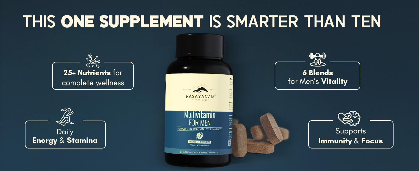 Rasayanam Multivitamin for Men | 52 Ingredients with 100% RDA of Vitamins & Minerals | Energy, Immunity, Performance, Bone, Joint & Heart Health | Daily Multivitamin Tablet for Men - 120 Tablets (Pack of 2)