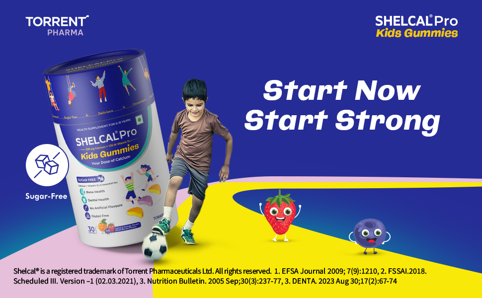 Shelcal Pro Kids Sugar Free Calcium Gummies | Calcium and Vit D3 essential for Bone & Dental Health | Lemon-Orange & Mixed Berries Flavors (30 Gummies) - By Torrent Pharma