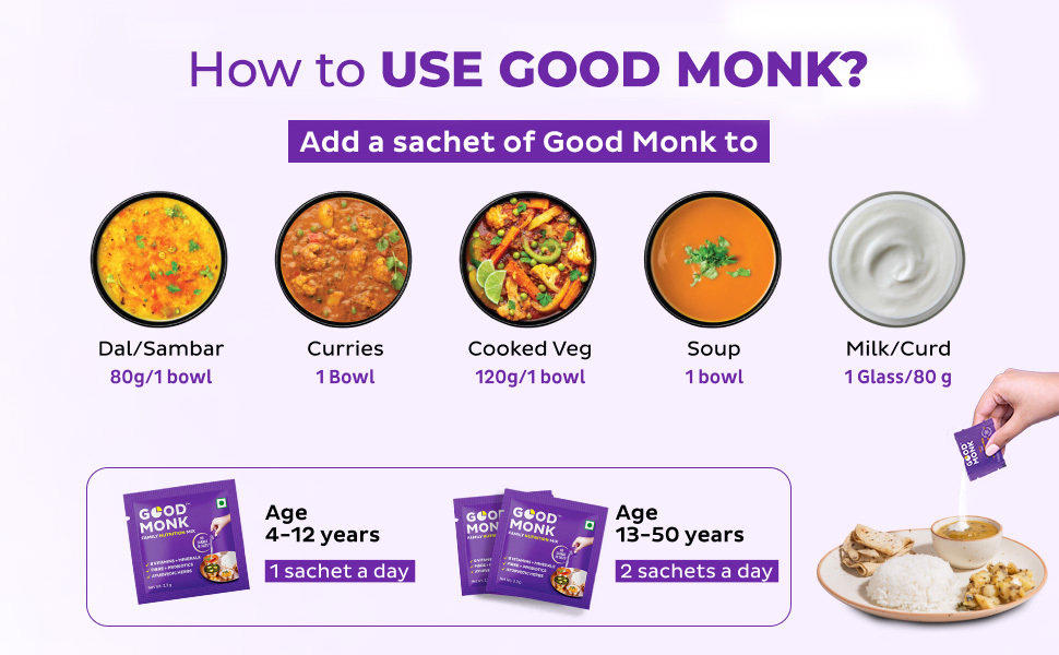 Good Monk Multivitamin,Probiotic&Fibre Mix(Add To Food,No Taste Change). Improves Energy,Immunity&Gut Health With Vitamin B12,C,D,Iron,Zinc,1.3 Bn Probiotics|For Kids,Men&Women-15 Sachets