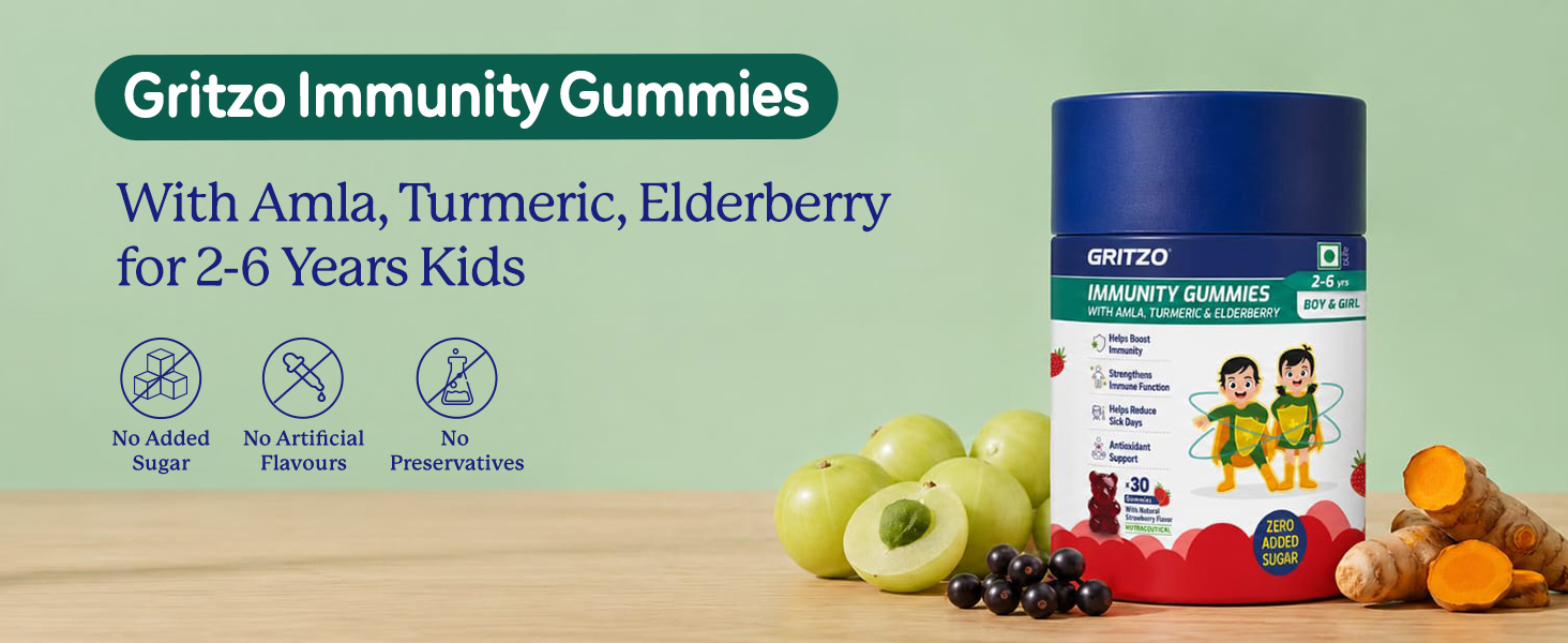 Gritzo Immunity Gummies for (2-6y Boy & Girl), Strawberry, 30 Gummies