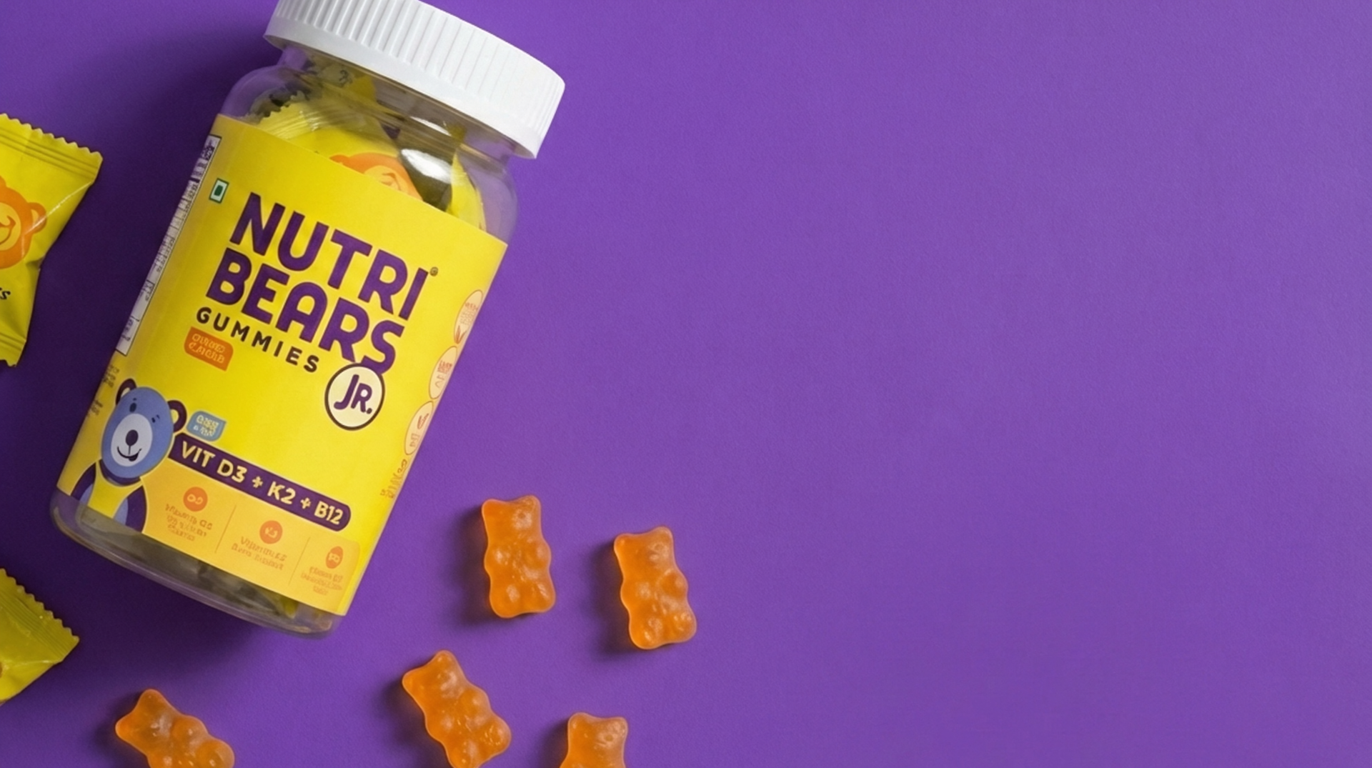 NutriBears Kids Vitamin D3 + K2 + B12 Gummies | Plant-Based Lichen D3 + MenaquinGold™ K2 (MK-7) | No Artificial Colours | Bones, Immunity & Mood | Vegetarian | Ages 2–12 | Orange | 60 Gummies