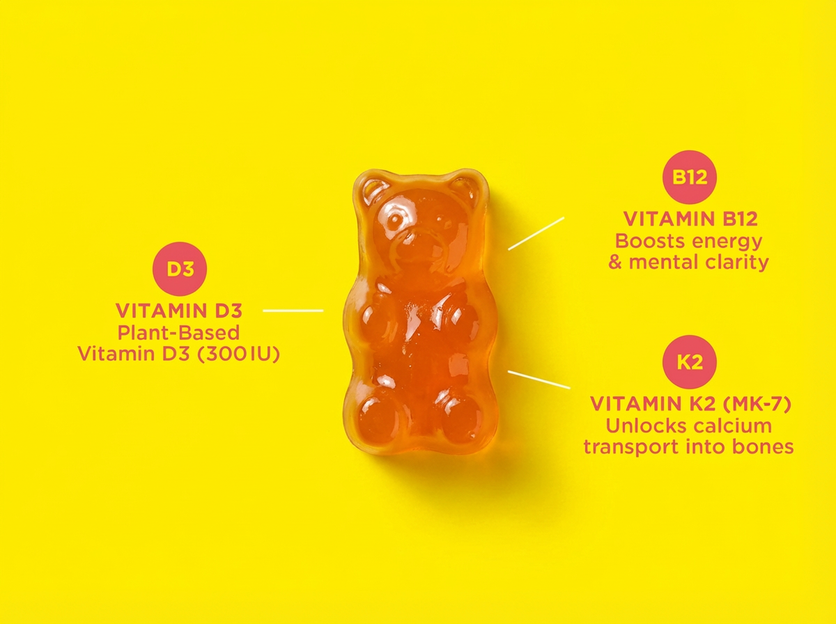 NutriBears Kids Vitamin D3 + K2 + B12 Gummies | Plant-Based Lichen D3 + MenaquinGold™ K2 (MK-7) | No Artificial Colours | Bones, Immunity & Mood | Vegetarian | Ages 2–12 | Orange | 60 Gummies