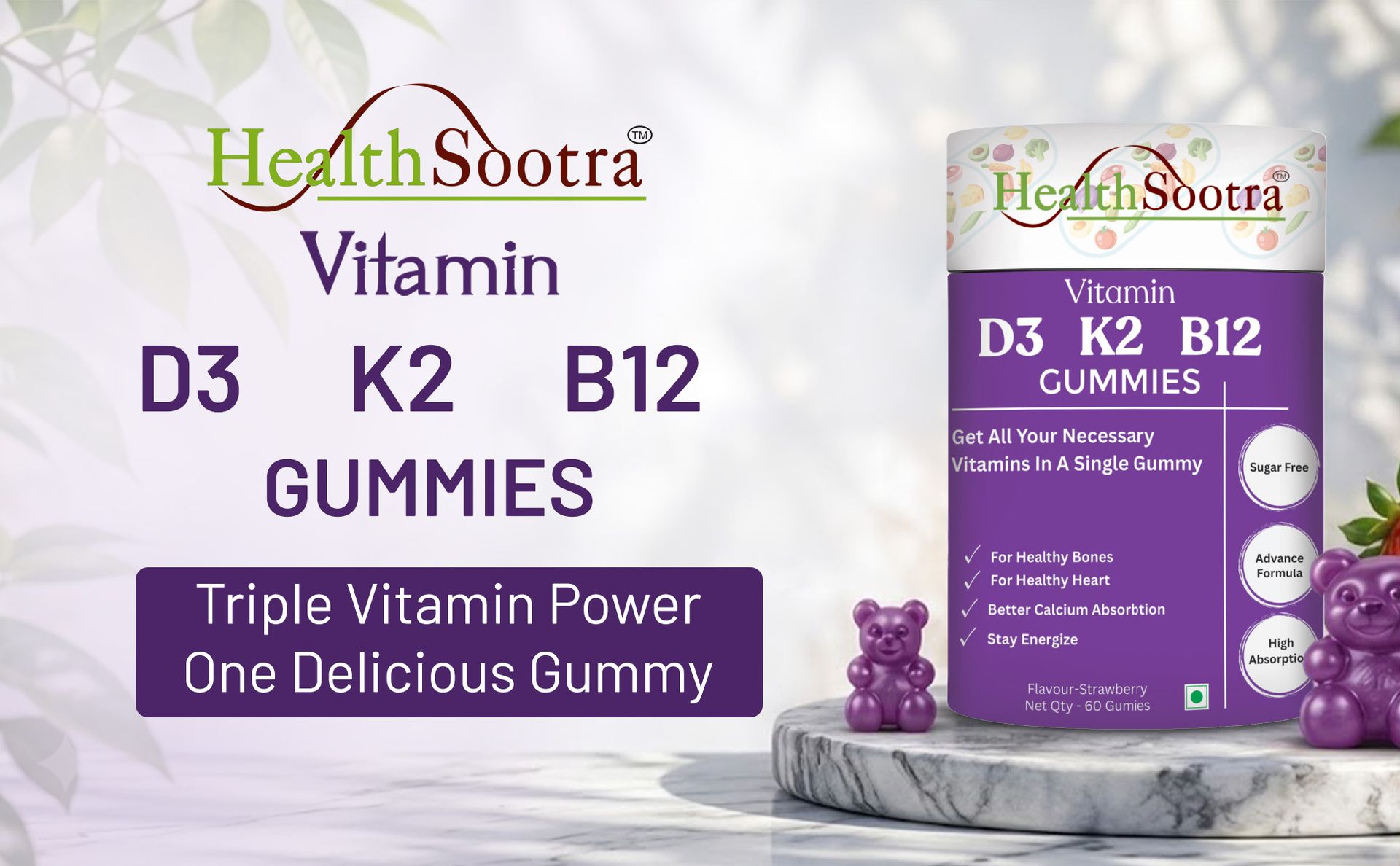 Vitamin D3 K2 B12 Gummies | 60 Gummies | Strawberry Flavour | Sugar Free Vitamin | Daily Wellness with Vitamin D, Vitamin K2 & Vitamin B12 supplements for Bone Health