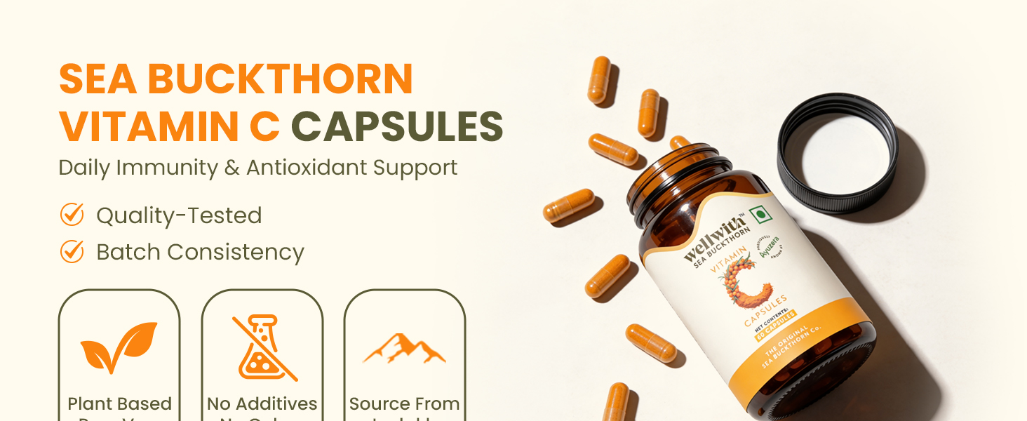 Wellwith Sea buckthorn Berry Powder Capsules – 60 Vegan Caps |Sea buckthorn capsules rich in Natural Vitamin C for Skin Glow & Collagen Boost | Pack of 1
