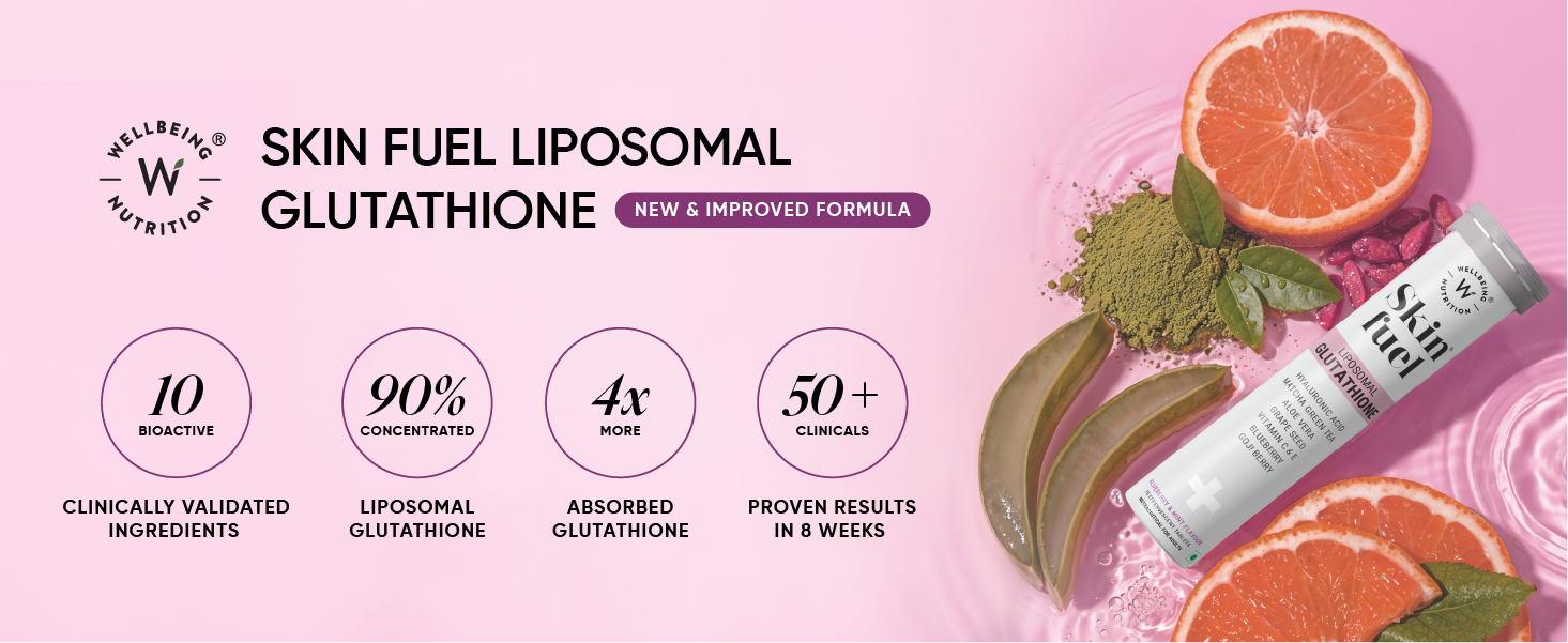 Wellbeing Nutrition Skin Fuel Liposomal Glutathione 90% (600mg)|Hyaluronic Acid, Vitamin C & E | 4X Absorption |Skin Radiance, Anti-Pigmentation & Hydration | Blueberry Mint Flavour | 15 Veg Tablets