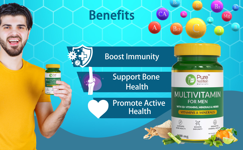 Pure Nutrition Multivitamin for Men 1400mg | Multivitamin Tablet for Men with 32+ Vitamins, Minerals & Herbs | Biotin, Ginseng, Moringa & Green Tea | Supports Immunity, Energy & Bone Health - 60 Veg Tablets