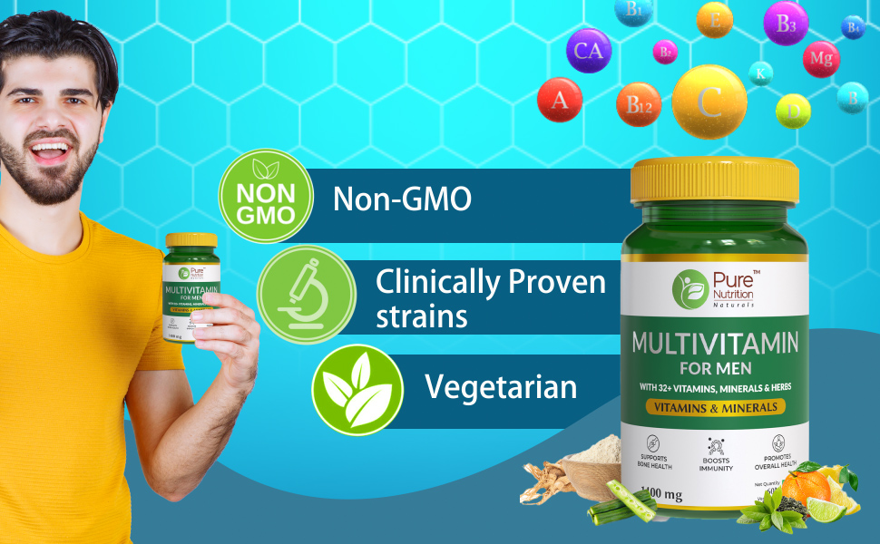 Pure Nutrition Multivitamin for Men 1400mg | Multivitamin Tablet for Men with 32+ Vitamins, Minerals & Herbs | Biotin, Ginseng, Moringa & Green Tea | Supports Immunity, Energy & Bone Health - 60 Veg Tablets