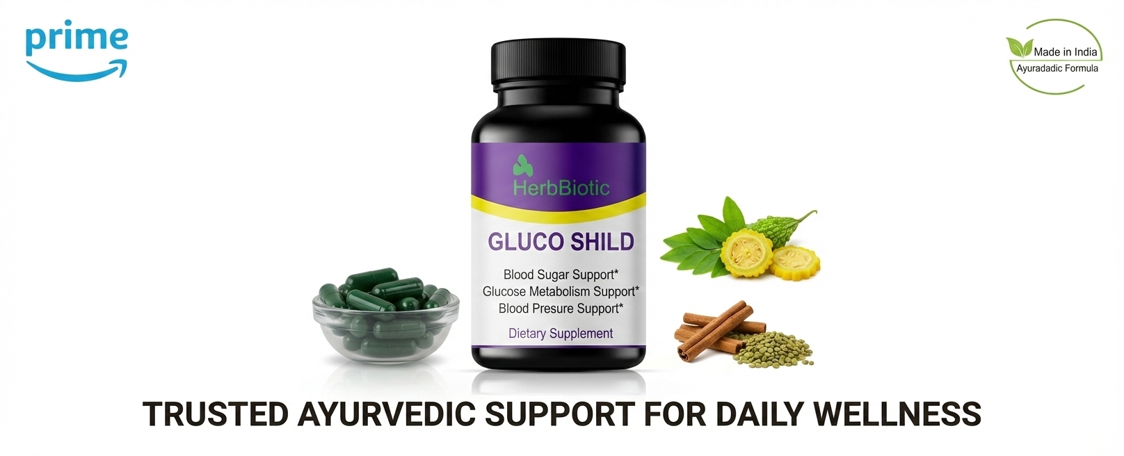 Gluco Shild Ayurvedic Blood Sugar Control Formula | Herbal Supplement for Glucose Regulation, Insulin Sensitivity & Heart Health | 60 Natural Capsules | gluco shield herb biotic