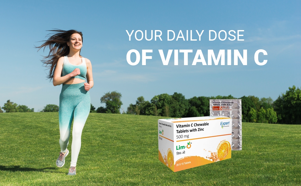 Lim-O Vitamin C(500mg) & Zinc, Chewable Tablets for Immunity Skin – Vegan Formula For Men Women, Orange Flavour (60 Tablets)