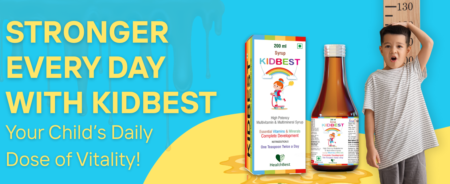 Healthbest Multivitamin Syrup For Kids - 200ml, 11 Essential Minerals, Supports Brain Development, Growth, Immunity, Boosts Energy, Vitamins A B C D E