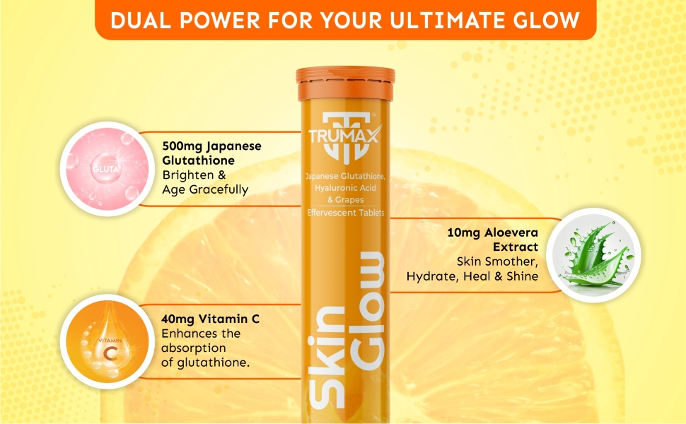 Skin Glow Japanese Glutathione Effervescent Tablets – Pack of 1 (20 Tablets) | 500mg L-Glutathione with Vitamin C & Hyaluronic Acid | Tangy Orange Flavor Skin Glow Supplement for Clear, Radiant Skin