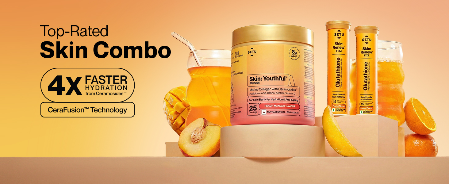 Setu Skin Renew Glutathione Fizz 30 Tablets for Skin Glow & Brightness with Skin Youthful Marine Collagen Powder (Peach Mango,250 g) | Fight Fine Lines & Wrinkles | Powered by Master Antioxidant Glutathione | Promotes Radiant Skin | Skin Supplements for Women & Men (Combo Pack)