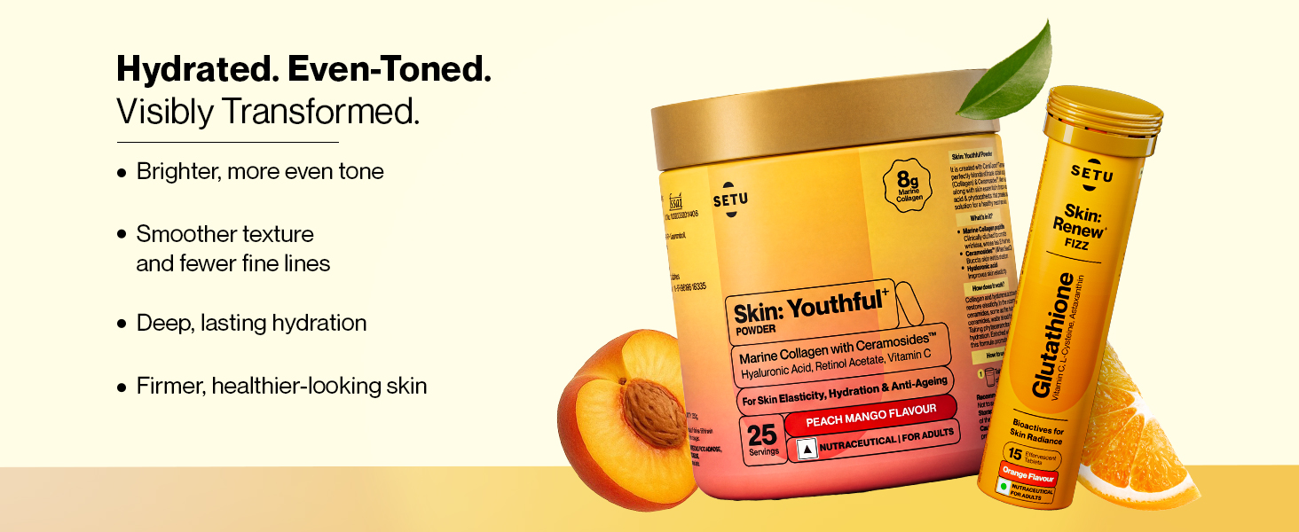 Setu Skin Renew Glutathione Fizz 30 Tablets for Skin Glow & Brightness with Skin Youthful Marine Collagen Powder (Peach Mango,250 g) | Fight Fine Lines & Wrinkles | Powered by Master Antioxidant Glutathione | Promotes Radiant Skin | Skin Supplements for Women & Men (Combo Pack)