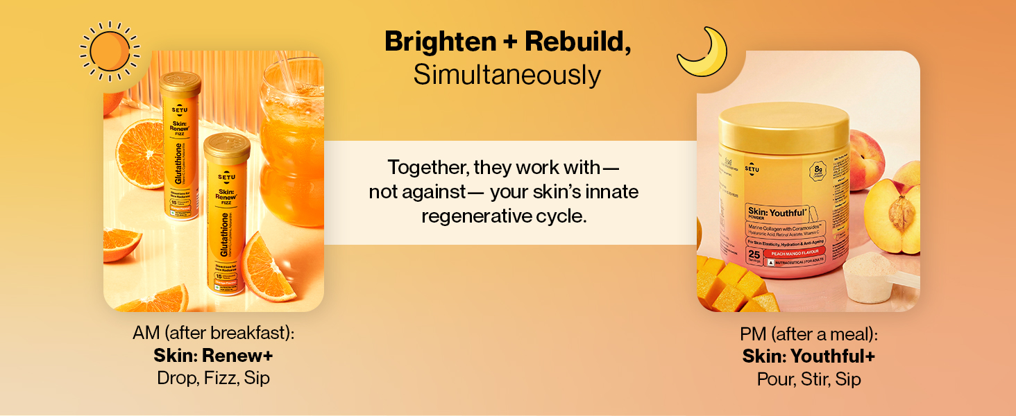 Setu Skin Renew Glutathione Fizz 30 Tablets for Skin Glow & Brightness with Skin Youthful Marine Collagen Powder (Peach Mango,250 g) | Fight Fine Lines & Wrinkles | Powered by Master Antioxidant Glutathione | Promotes Radiant Skin | Skin Supplements for Women & Men (Combo Pack)