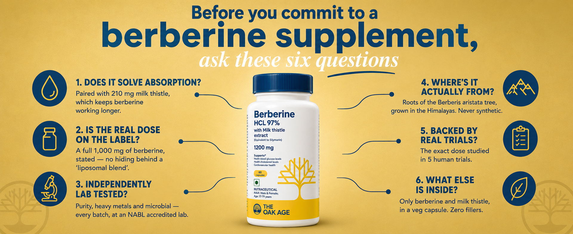 Berberine HCl 97% with Milk Thistle Supplement, 1200 mg| 60 Capsules