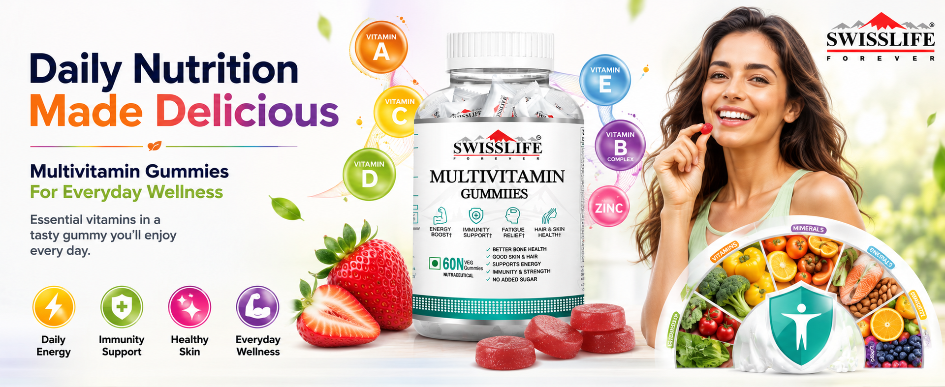 SwissLife Forever Multivitamin Gummies (60 Gummies) | Micronutrients Vitamin C,A,D,E,B6,B9,B12 | Sugar-free | Enhances Immunity and Overall Health | Strawberry Flavour for Men & Women