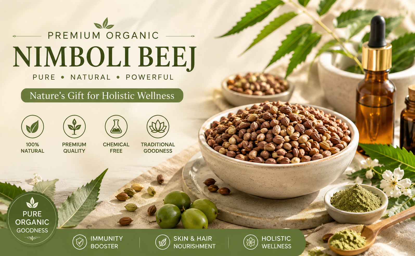 Neem Seeds (Nimboli), Azadirachta indica, Natural Ayurvedic Herb, for Skin, Hair, Blood Purification and Immunity (50 g)