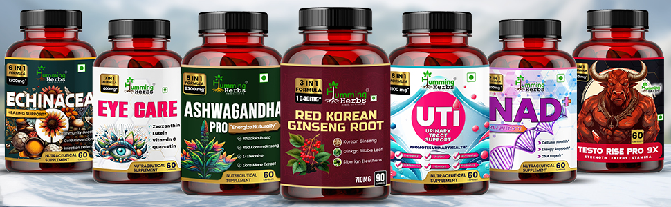 Humming Herbs Red Korean Ginseng with Ginkgo Biloba Leaf, Siberian Ginseng, Supports Energy, Concentration, Immune system and Improves Mental Clarity Bio-available Supplement