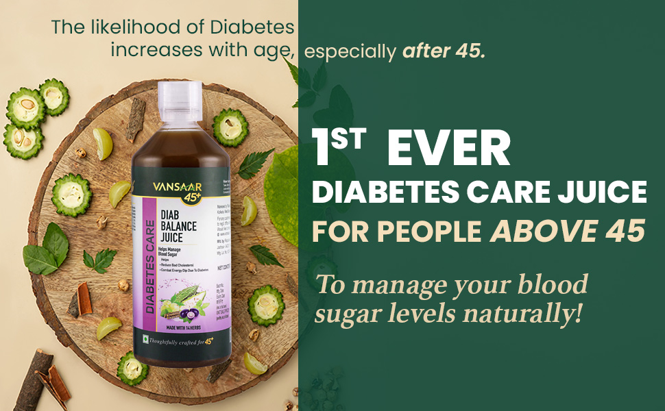 Vansaar 45+ Diab Balance Juice, 1L | Ayurvedic Diabetic Care Juice for 45+ Adults | Karela, Jamun, Neem, Paneer Doda, Cinnamon, & 9 more natural herbs | Manages Blood Sugar & Insulin Level