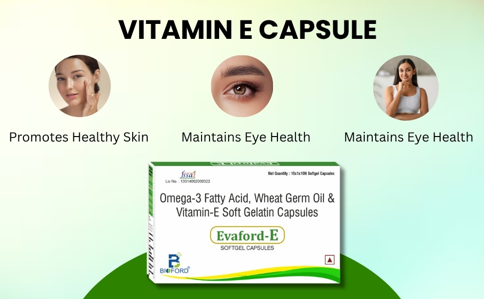 Evaford-E Rich Supplement of Omega 3 Fish Oil with Wheat Germ Oil & Vitamin E Capsules | Supports Skin Glow, Hair Strength & Heart Health | Antioxidant Softgels (3x Strip) 30 Capsules