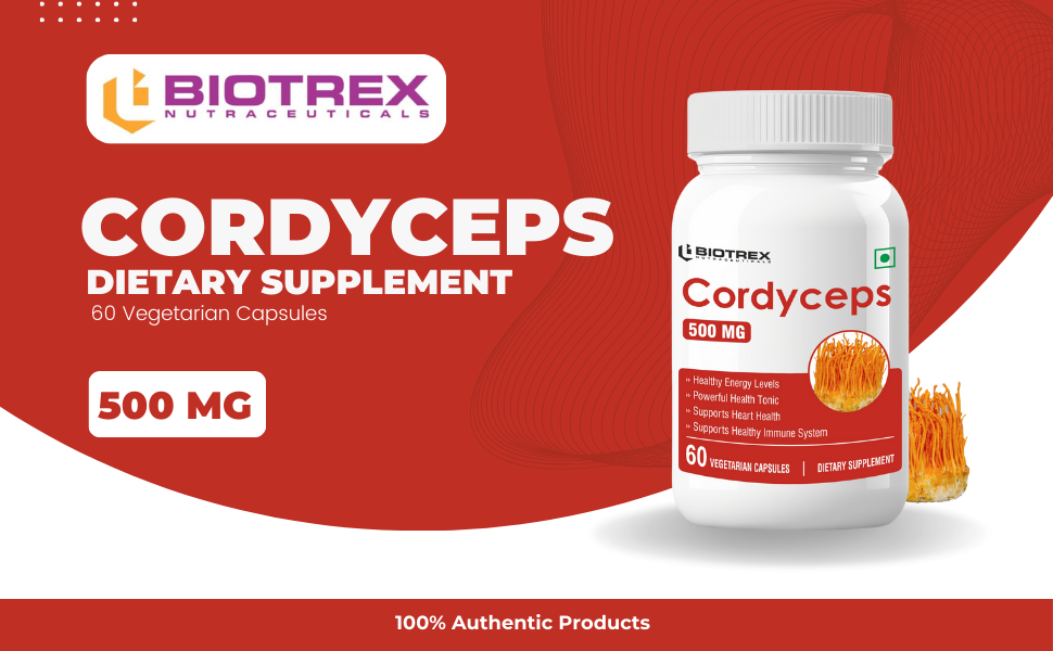 Biotrex Nutraceuticals Cordyceps 500mg | Endurance & Energy Booster | Supports Immune Function | Healthy Brain Function | Overall Wellbeing | 60 Veg Capsules
