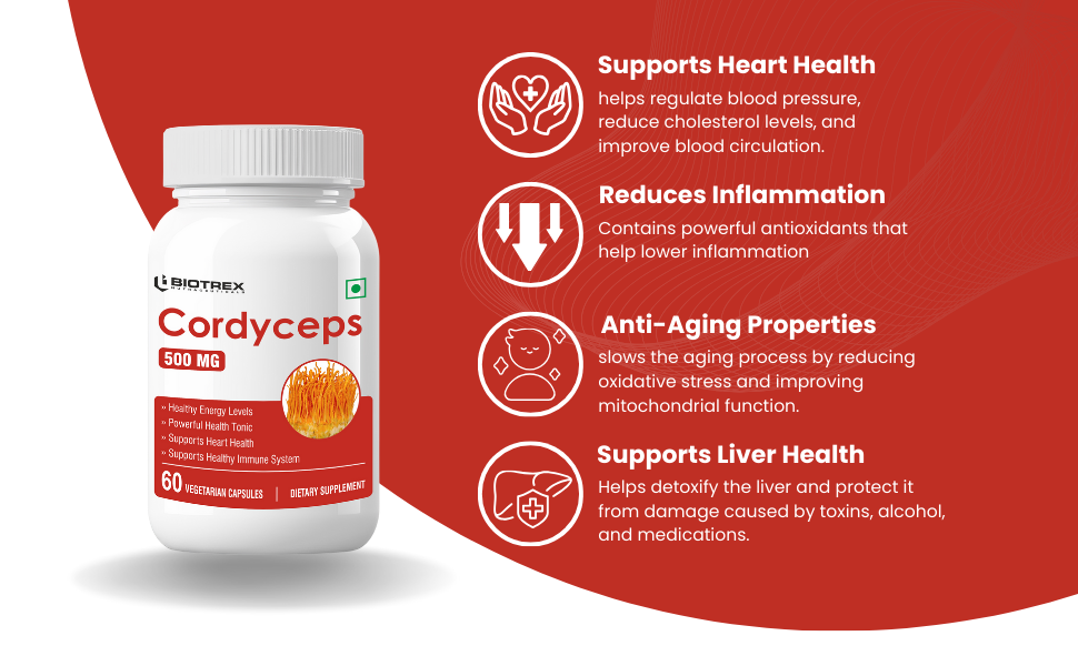 Biotrex Nutraceuticals Cordyceps 500mg | Endurance & Energy Booster | Supports Immune Function | Healthy Brain Function | Overall Wellbeing | 60 Veg Capsules