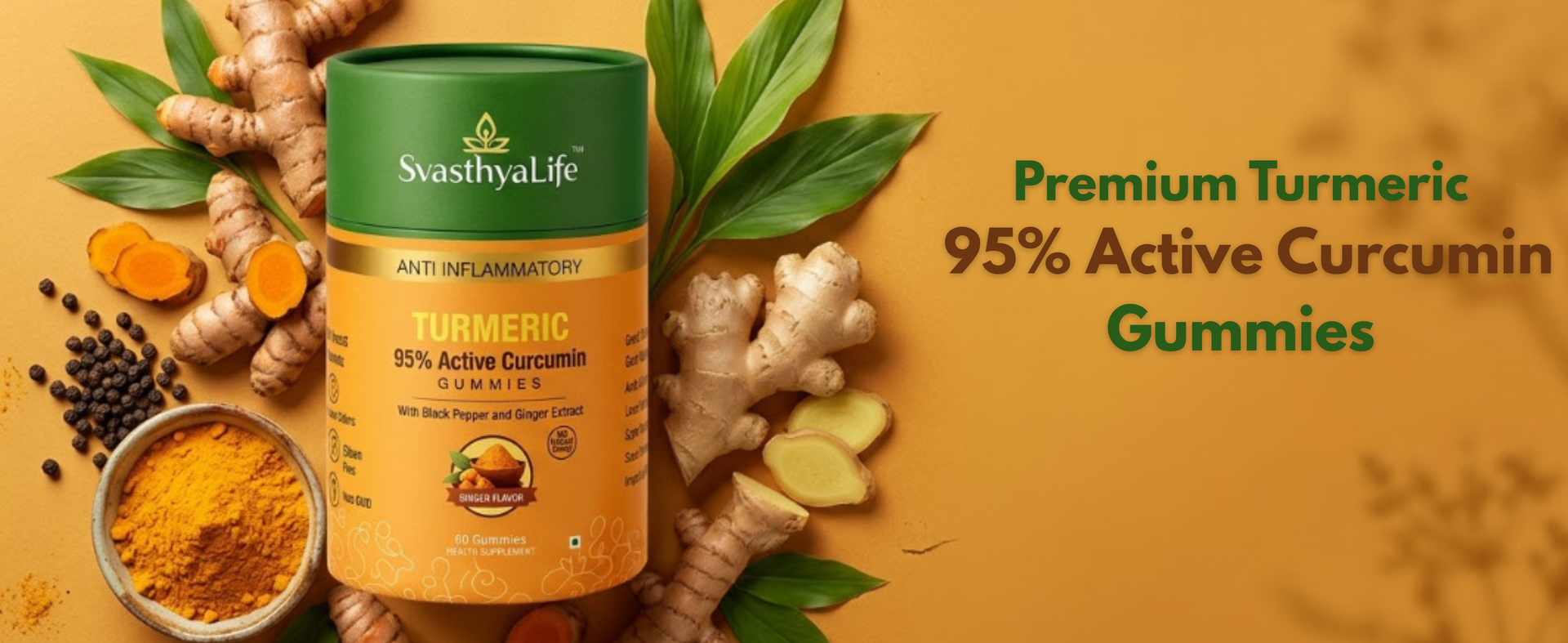 Turmeric Gummies with 95% Active Curcumin with black pepper | Anti-inflammatory & Antioxidant | Immunity | Arthritis | Fat Loss | Ginger Flavor | 100% Vegetarian | 60 Gummies