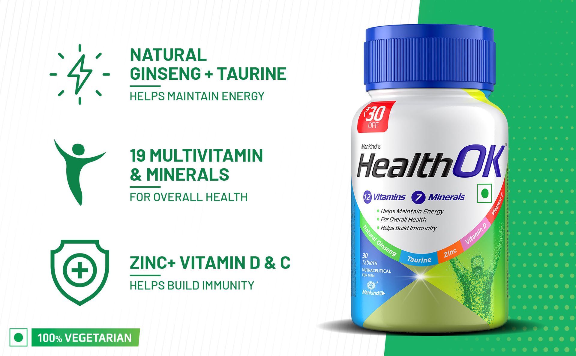 Health OK Multivitamin with Natural Ginseng, Taurine power, Daily Energy, alertness, Vitamin D, C & other 18 multivitamins minerals, for Overall Health, 60 Tablets (Veg)