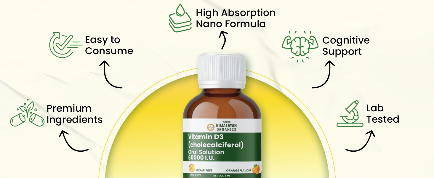 Vlado's Himalayan Organics Vitamin D3 60000 IU Shots | Cholecalciferol Vitamin D3 60000 IU Supplement I Sugar Free I Oral Solution I Vitamin D 60K for Men & Women – 5ml Each bottle - Orange Flavour - (Pack of 8)