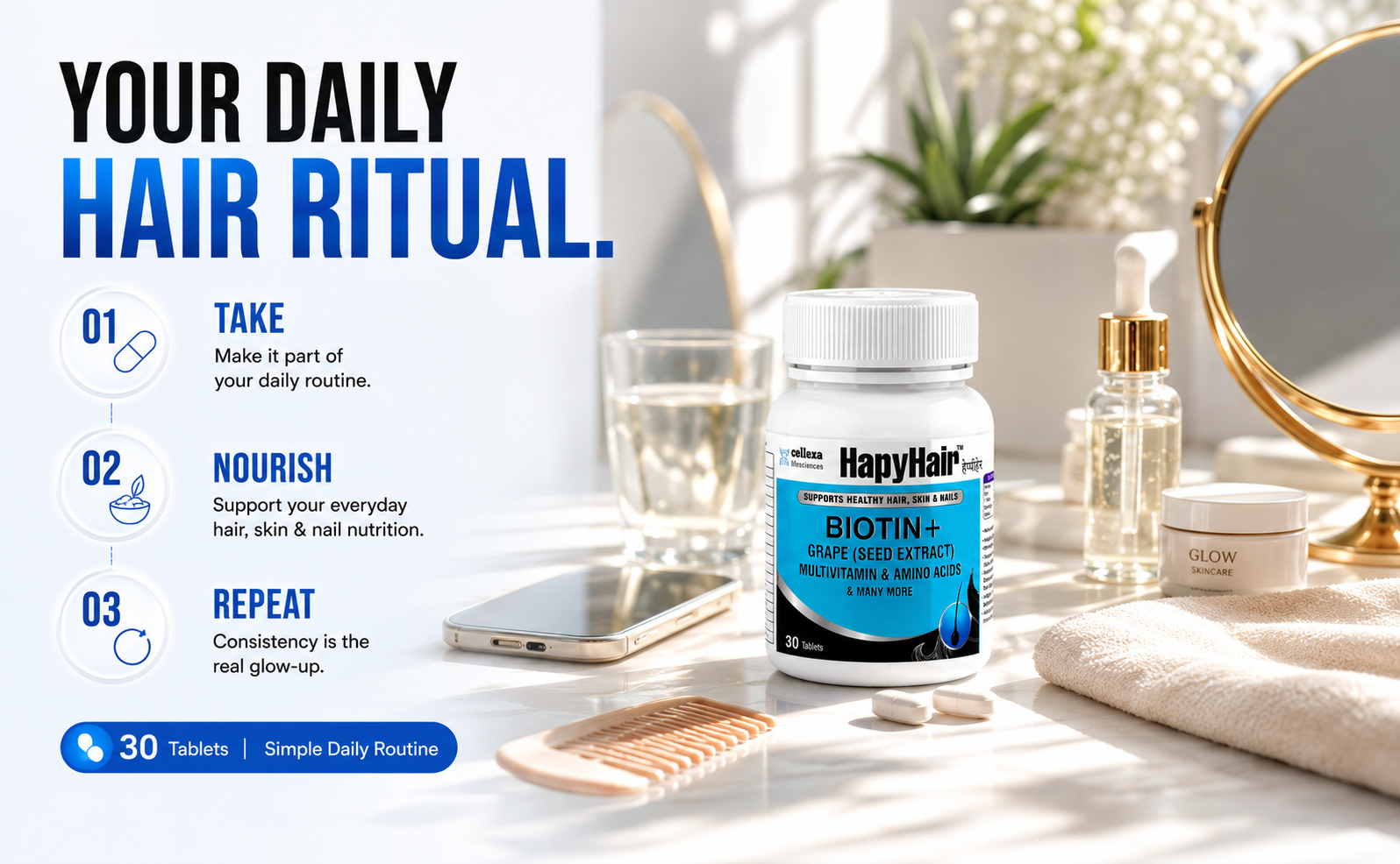 HappyHair Biotin Tablets for Hair Growth, Skin & Nails | 30 Tablets for Men & Women | 100% RDA Biotin, Multivitamins, Amino Acids & Grape Seed Extract | Daily Hair Nutrition & DHT-Related Hair Wellness Support