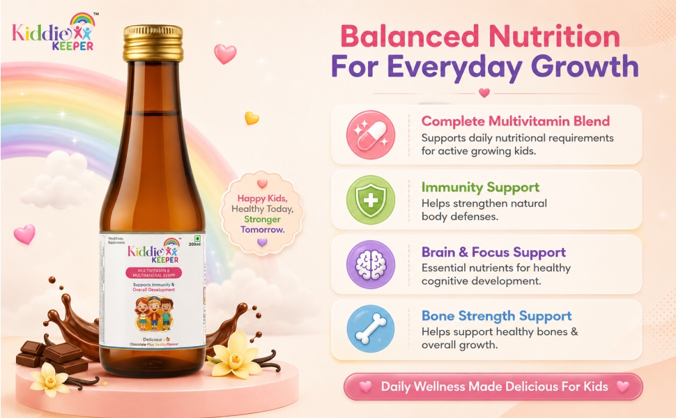 Multivitamin Syrup for Kids with Iron & Zinc (200ml) – Chocolate Vanilla Flavour | Daily Nutrition Support for Immunity & Growth Development | Gluten-Free Multimineral Health Syrup