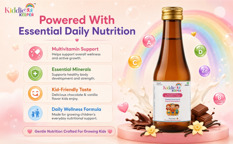 Multivitamin Syrup for Kids with Iron & Zinc (200ml) – Chocolate Vanilla Flavour | Daily Nutrition Support for Immunity & Growth Development | Gluten-Free Multimineral Health Syrup