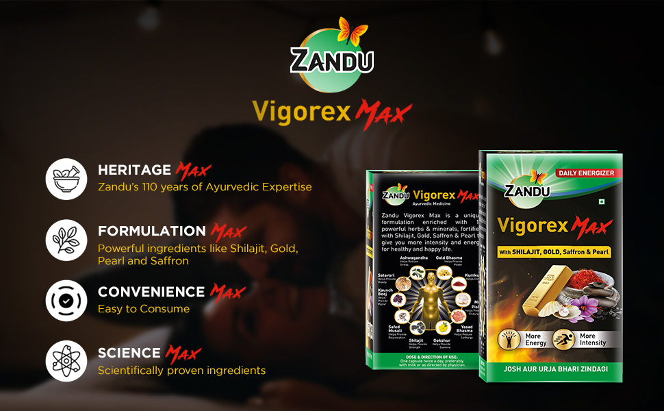 Zandu Vigorex MAX, 20 Capsules, Enriched With Shilajit, Gold, Saffron, Pearl And Ashwagandha For Intensity And Energy
