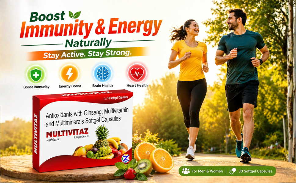Multivitaz Softgel Capsules | For Men & Women With Essential Nutrients, Vitamins, Minerals, Anti-oxidants For Building Immunity & Energy | Multi Vitamin with Ginseng |