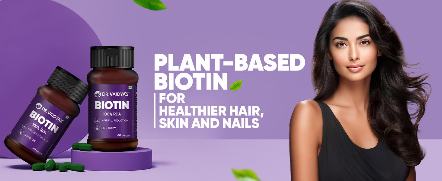 Dr. Vaidya’s Biotin Tablets for Hair Growth | Ayurvedic Hair Vitamins with Amla, Bhringraj & Bamboo Shoot | Natural Biotin Supplements for Hair Regrowth, Thinning Hair, Skin Glow & Stronger Nails (60 Tablets per Pack) Pack of 1