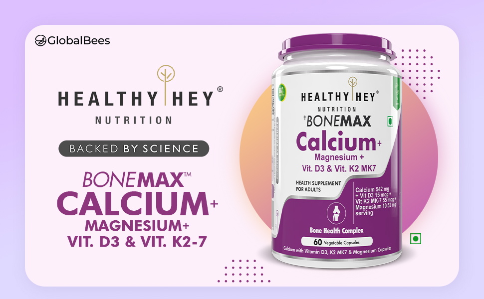 HealthyHey BoneMax Calcium, D3, K2 & Mg | 100% Vegetarian | Calcium, Vitamin D3 & K2-MK7 and Magnesium - Benefits Bone Health & Joint Support (60 Capsules)