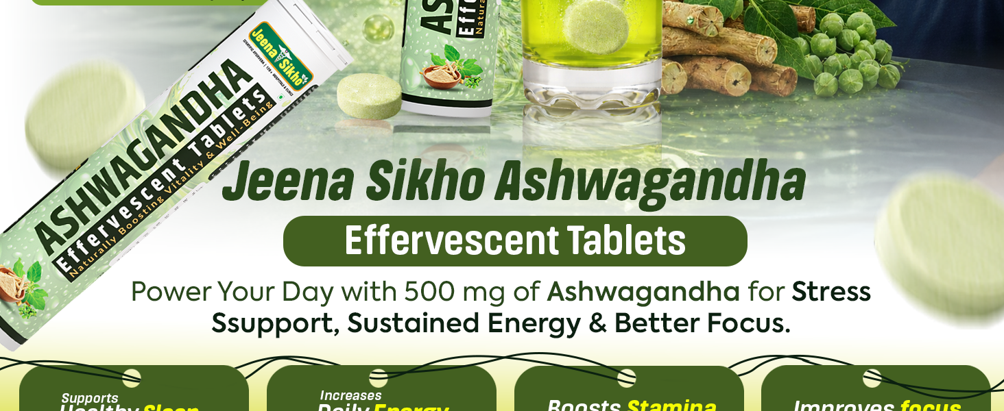 Jeena Sikho Ashwagandha Effervescent Tablets | Herbal Formula with Ashwagandha | Daily Wellness Support | 20 Tablets