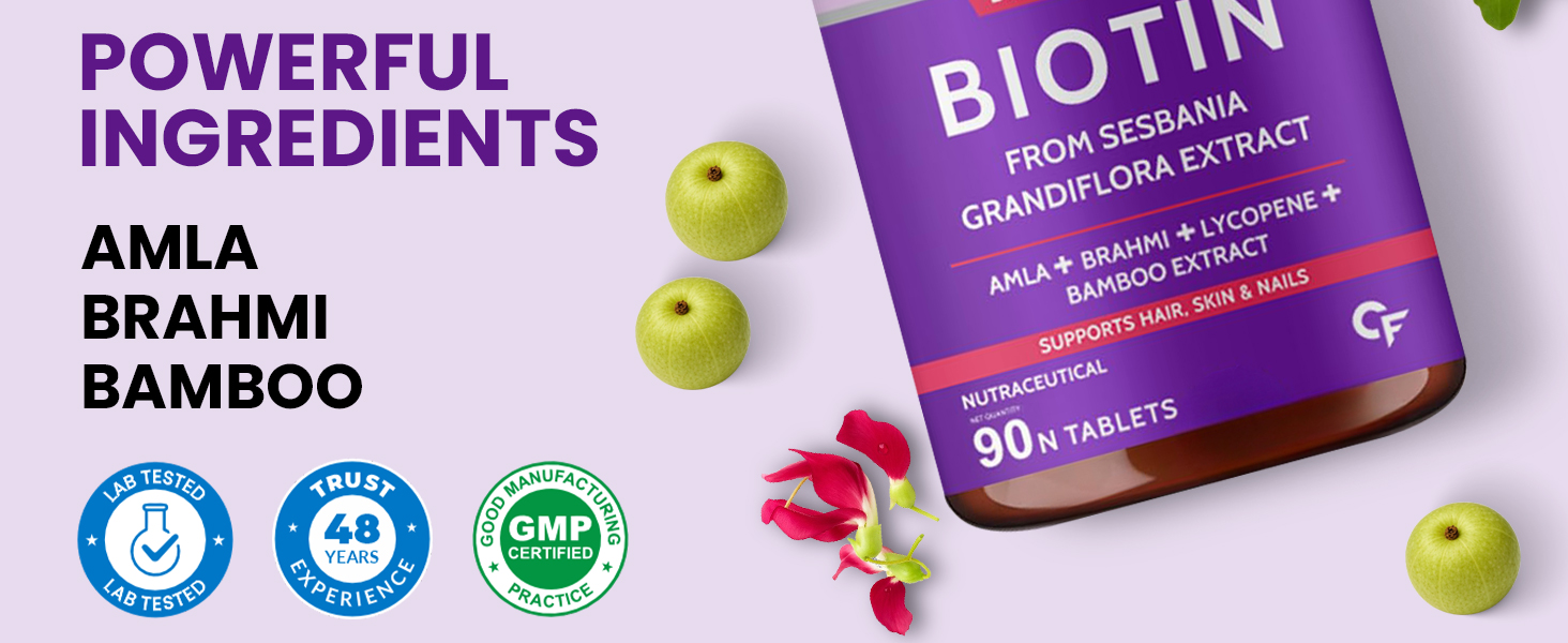 Carbamide Forte Biotin Tablets for Hair Growth | Biotin Supplement with Amla, Brahmi & Bamboo Extract | Hair Vitamins | Biotin Multivitamin for Hair & Skin | Hair Supplements for Women & Men | 90 Veg Tablets