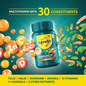 Supradyn Immuno +, Multivitamin, Natural immunity booster with Vit C, Vit D, Zinc, Unique blend of Tulsi, Turmeric, Shatavari & Ashoka (60 Tabs)