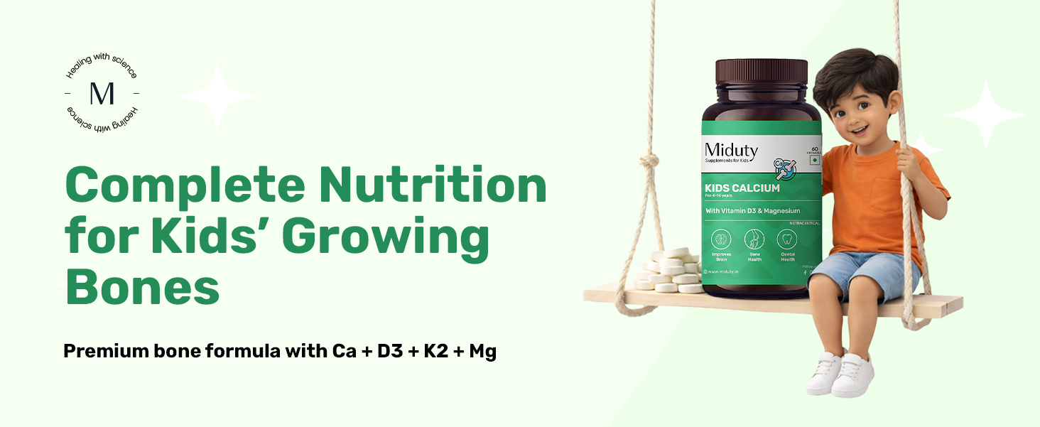 Miduty Kids Calcium - Vitamin D3, K2 & Magnesium - Strong Bones & Teeth - Mint-Flavored, Sugar-Free Calcium Supplement for Active & Picky Eaters - 60 Chewables