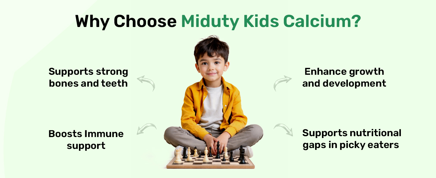 Miduty Kids Calcium - Vitamin D3, K2 & Magnesium - Strong Bones & Teeth - Mint-Flavored, Sugar-Free Calcium Supplement for Active & Picky Eaters - 60 Chewables